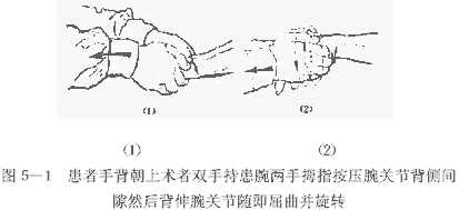 患者手背朝上术者双手持患腕两手拇指按压腕关节背侧间隙然后背伸腕关节随即屈曲并旋转